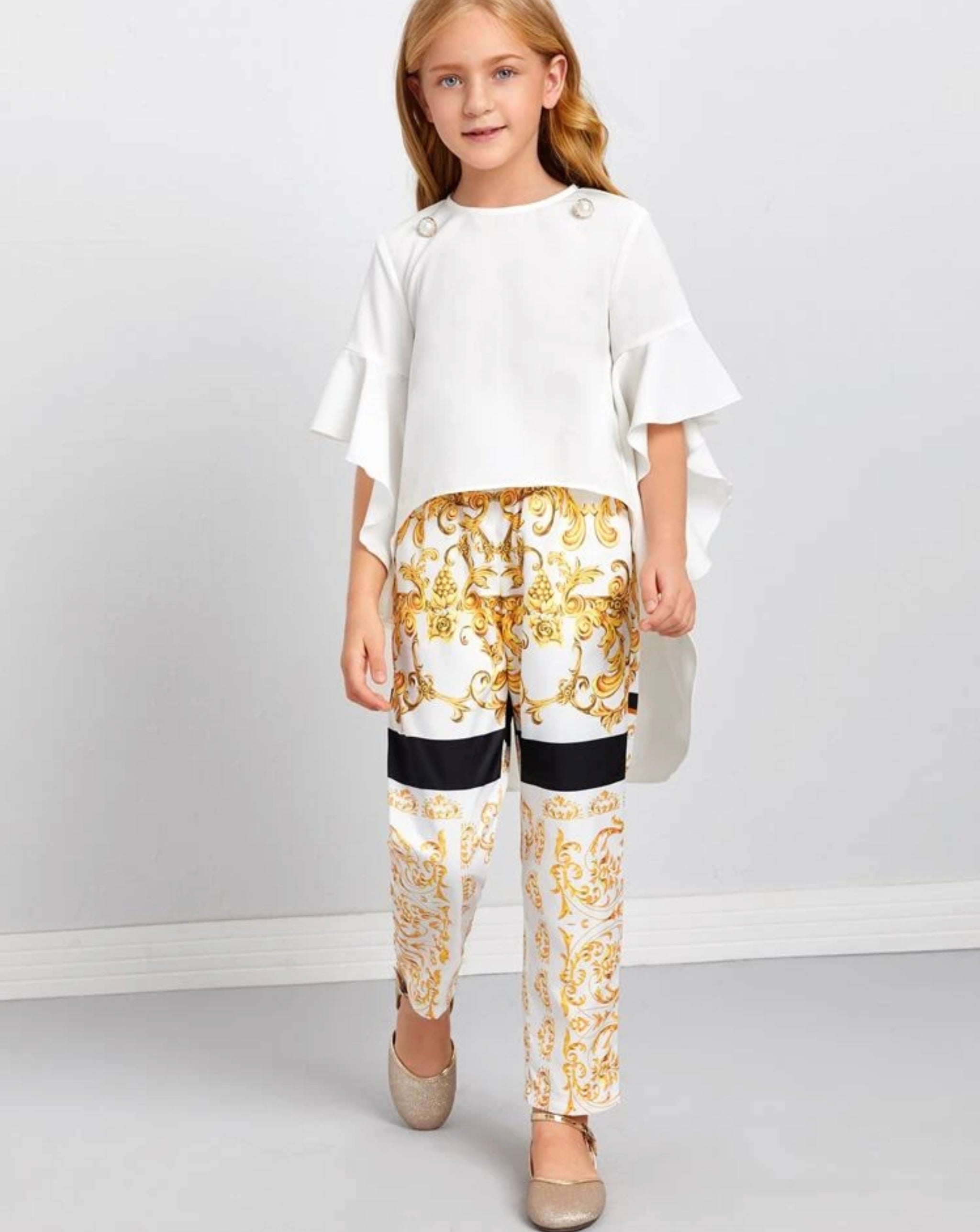 Pearl Hem Top & Scarf Print Pants Set