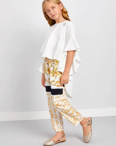 Pearl Hem Top & Scarf Print Pants Set