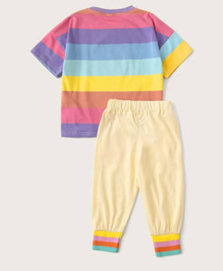 Color Stripe Cartoon Tee & Pants