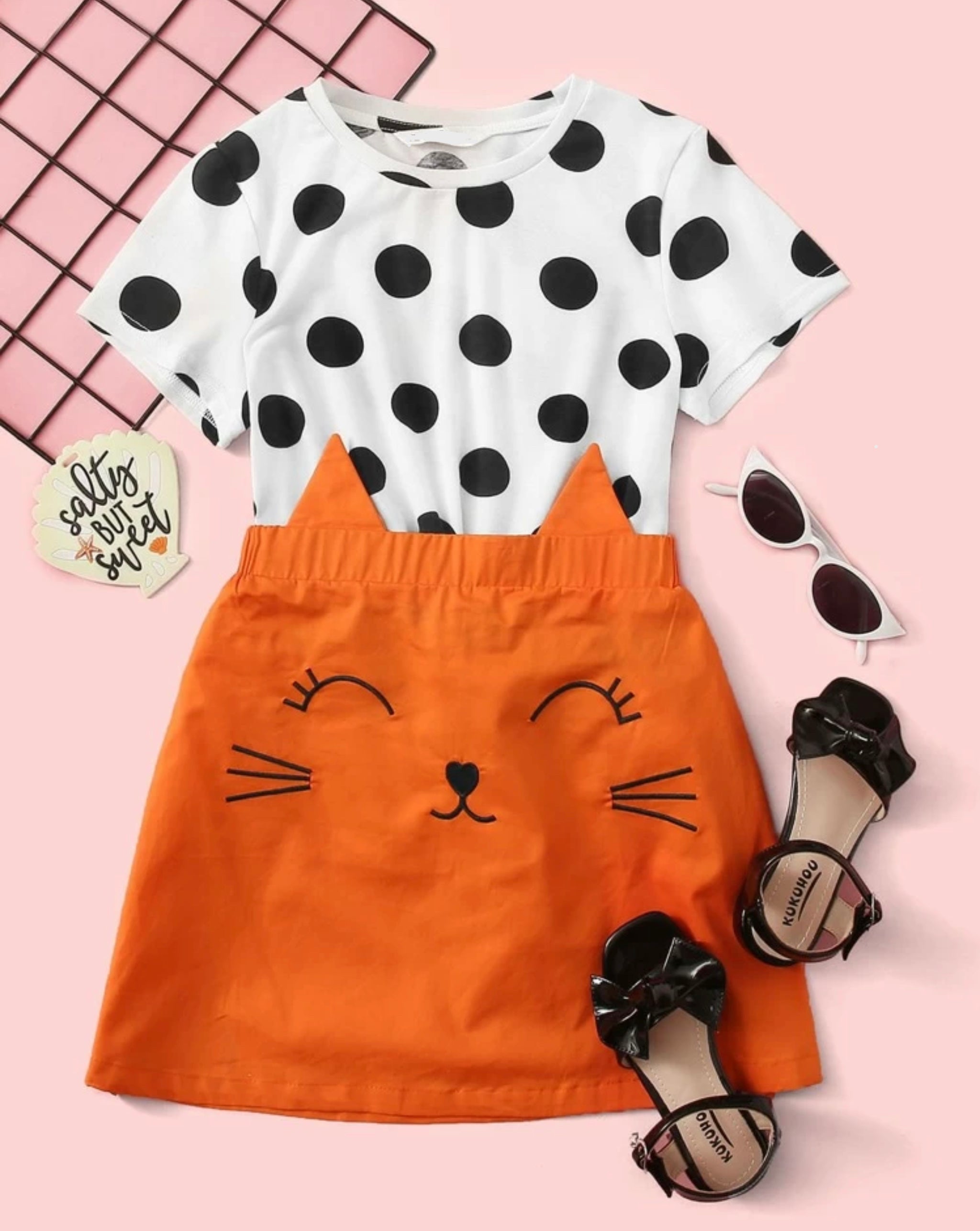 Polka Dot Top & Kitty Skirt Set