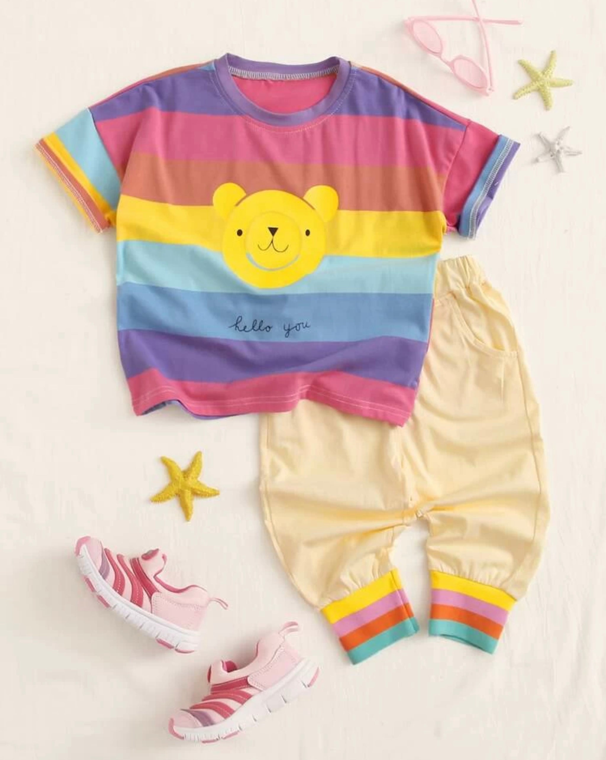 Color Stripe Cartoon Tee & Pants