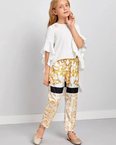 Pearl Hem Top & Scarf Print Pants Set