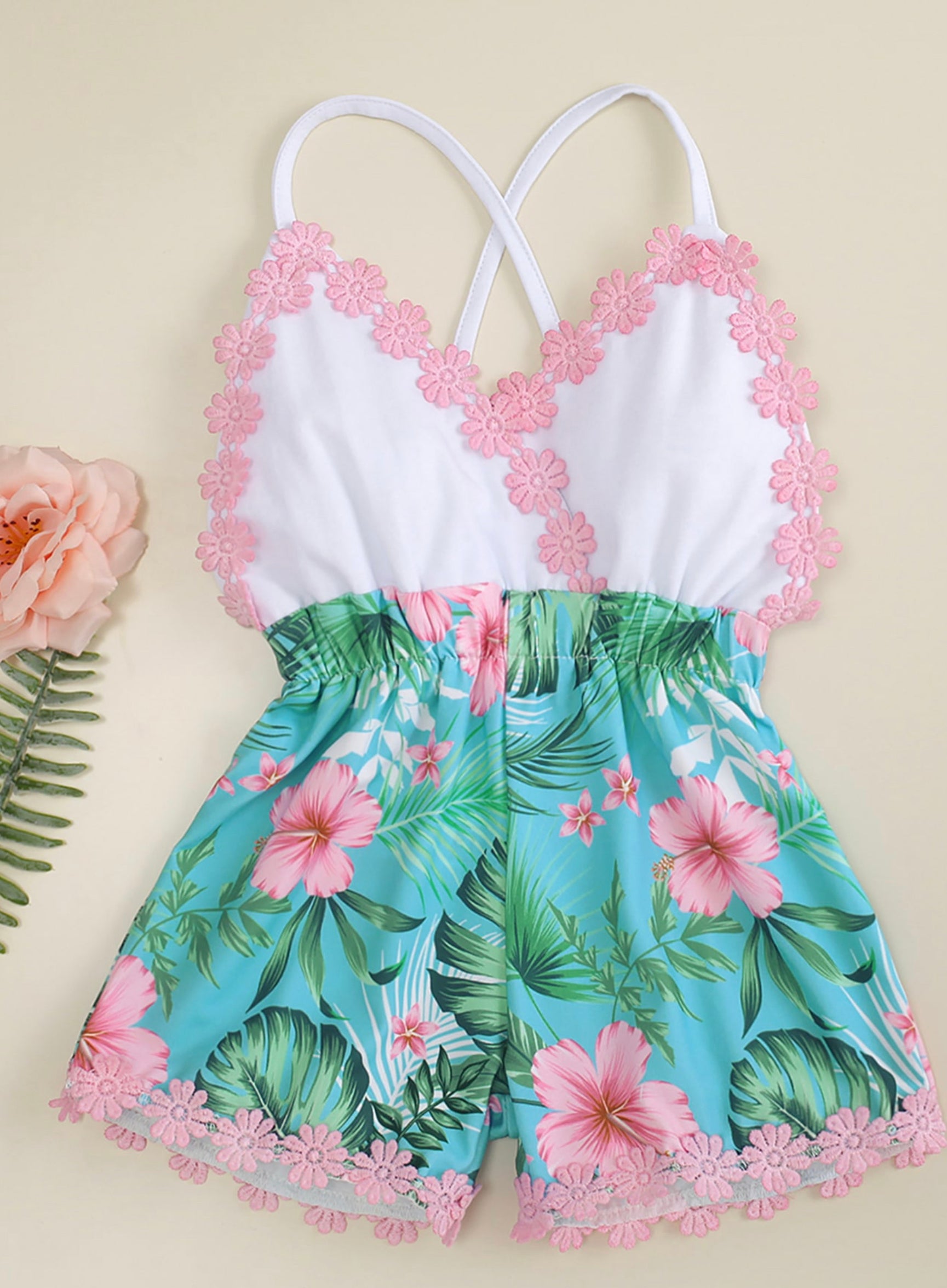 Tropical Print Cross-back Cami Romper